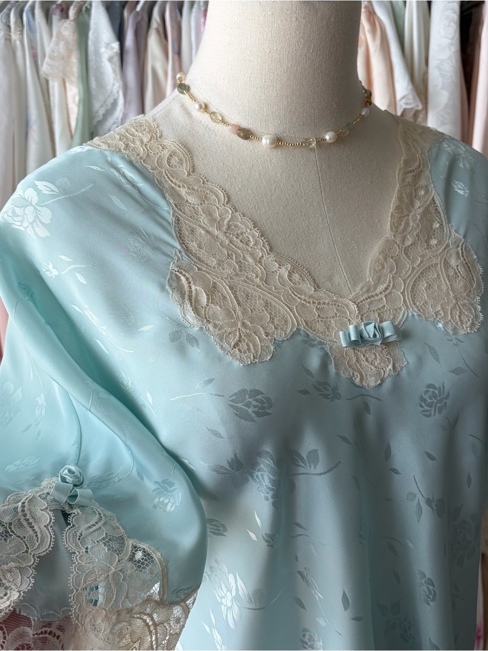 vintage christian dior powder aqua satin floral jacquard lace nightgown